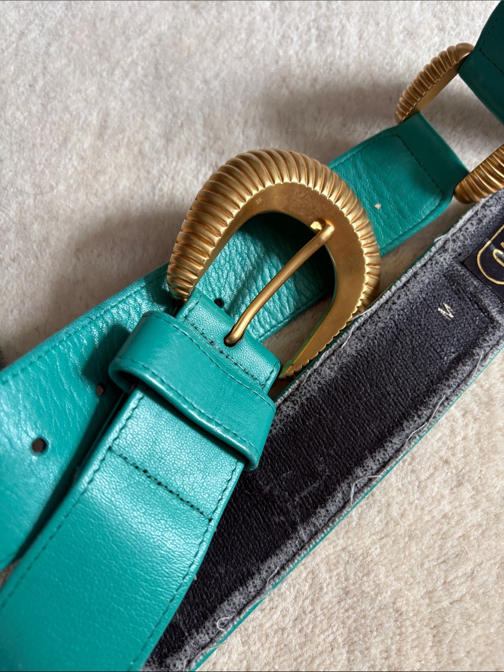 Very VINTAGE gorgeous Teal Leather Belt with Gold Buckle and throughout.